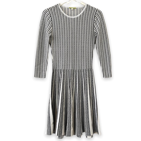 GIANNI BINI Knit Sweater Dress Midi Fit Flare Ivory Black Stripe Size Medium - Picture 7 of 9